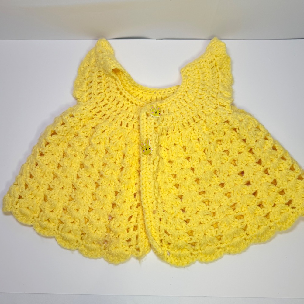 Handmade Yellow Crochet Baby Cardigan Vest Bunny Buttons‎ Shell Stitch Kids